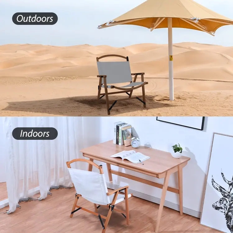 Outdoor Beech Wood Frame Portable Folding Wood Camping Chair with Armrest